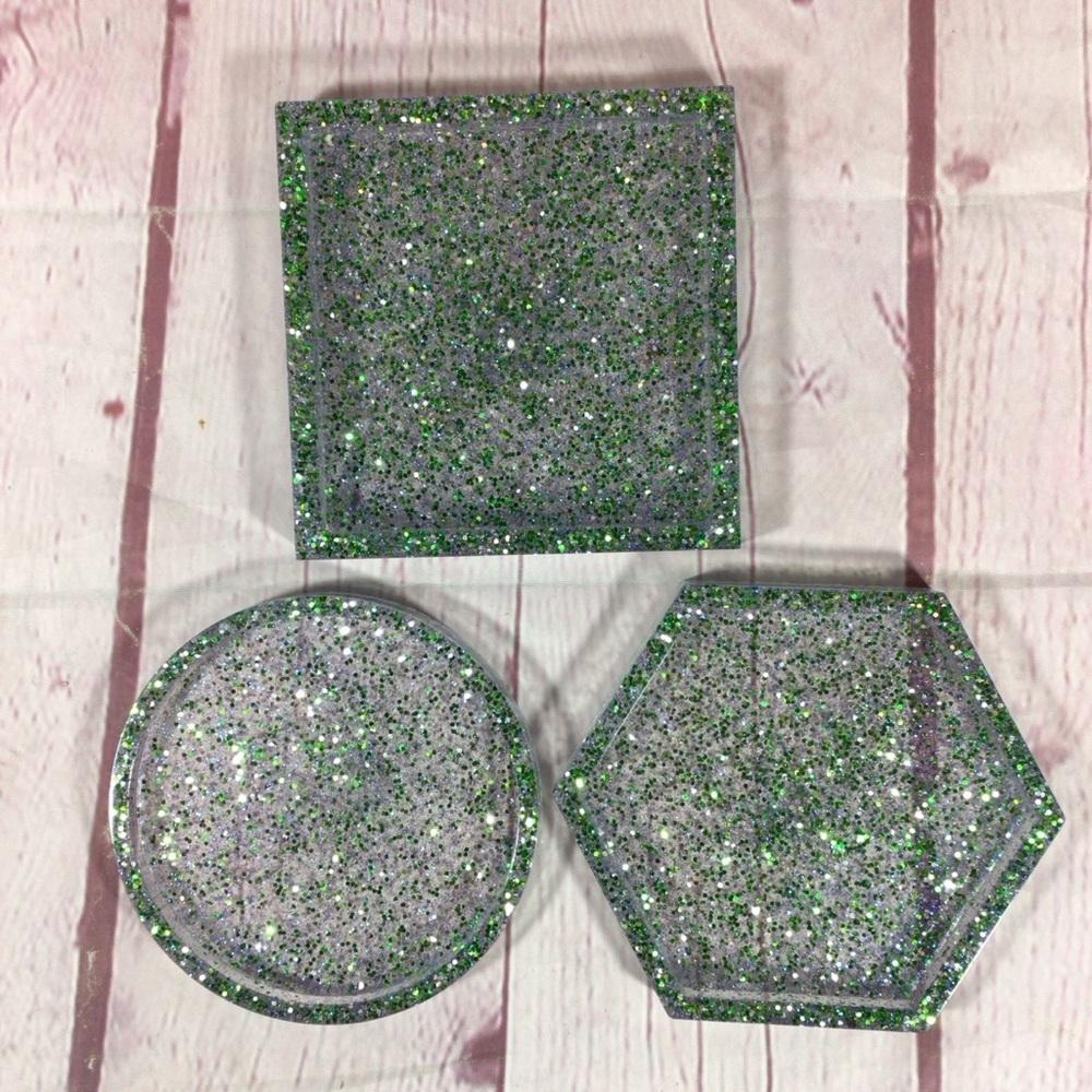Hand Crafted Green and Blue Glitter Coasters - Set of 3